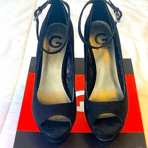 G BY GUESS - Valora black fabric high heeled, ankle strap, peep toe pump. 9.5